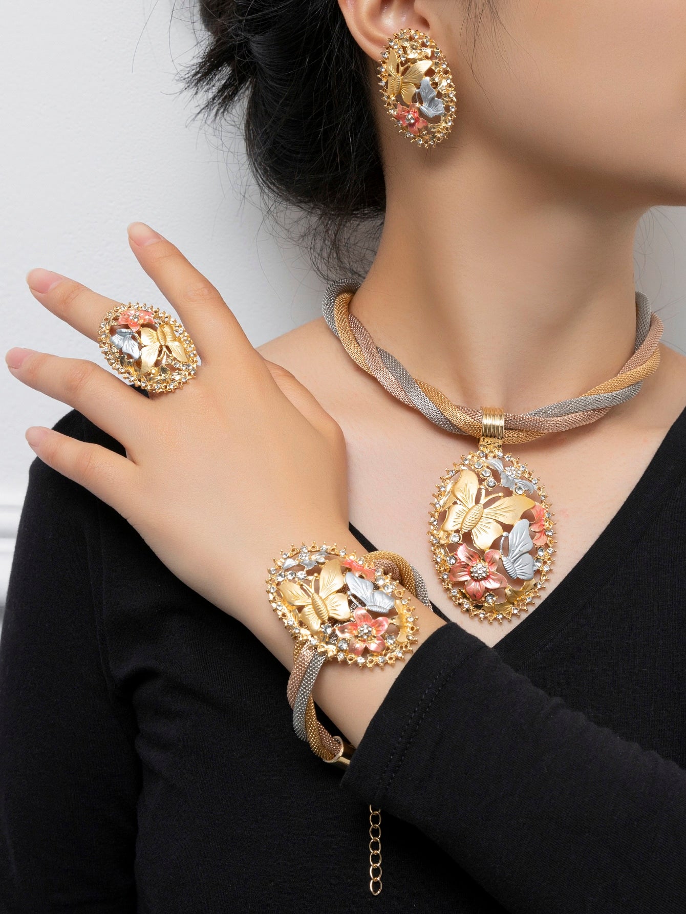 5 قطع أناقة متعدد الألوان شكل فراشة زخرفة للنساء طقم مجوهرات , الموضة اكسسوارات