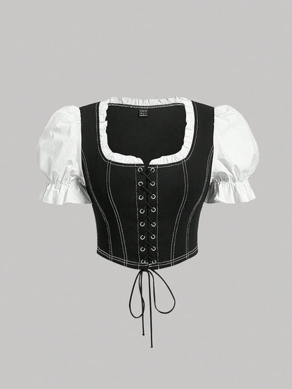 بلوزة 2 في 1 رباط امامي اكمام منتفخة