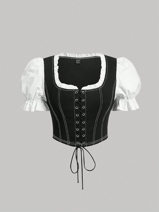 بلوزة 2 في 1 رباط امامي اكمام منتفخة