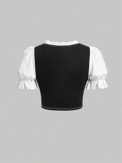 بلوزة 2 في 1 رباط امامي اكمام منتفخة