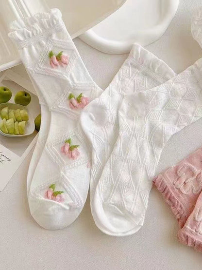 جوارب منتصف الساق الوردية والبيضاء الكورية المختلطة 5 أزواج ، مناسبة للأزياء والرياضة والمطابقة اللطيفة في الربيع والخريف