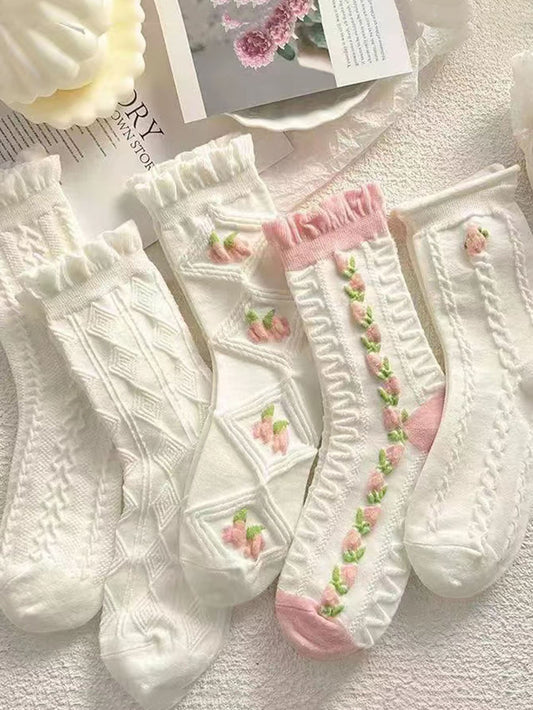 جوارب منتصف الساق الوردية والبيضاء الكورية المختلطة 5 أزواج ، مناسبة للأزياء والرياضة والمطابقة اللطيفة في الربيع والخريف