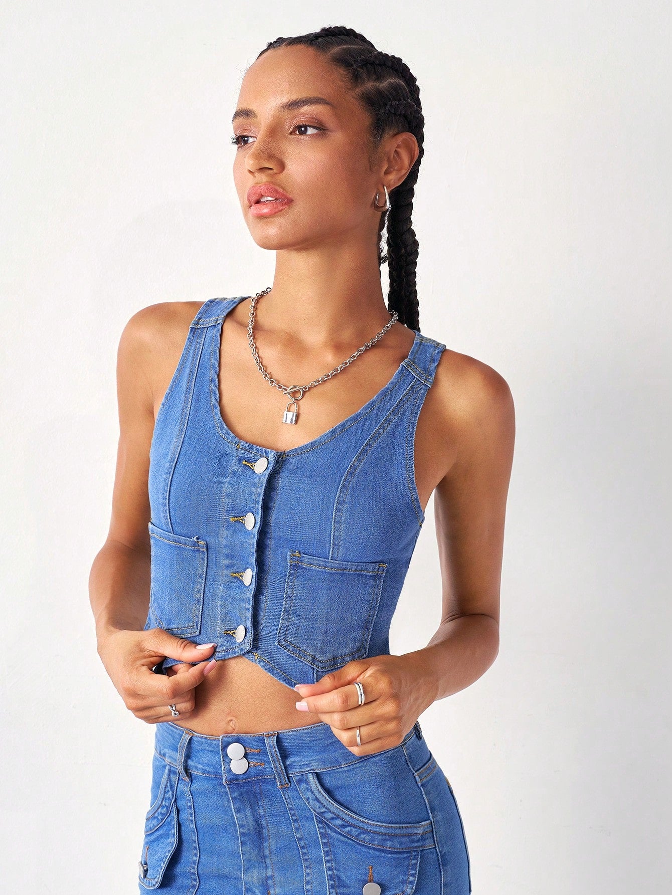 لباس علوي تانك أزرار أمامية قصير دنيم