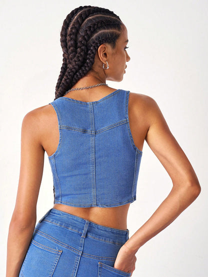 لباس علوي تانك أزرار أمامية قصير دنيم