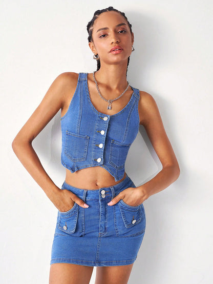 لباس علوي تانك أزرار أمامية قصير دنيم