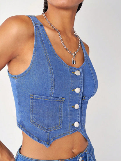 لباس علوي تانك أزرار أمامية قصير دنيم