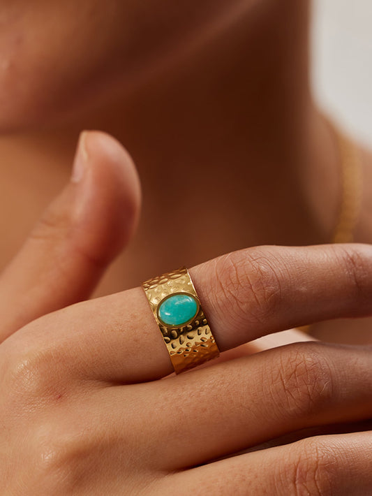 خاتم نسائي 18قيراط مطلي بالذهب الأصفر، عرض واسع وحجر شخصية يومية، حجم قابل للتعديل