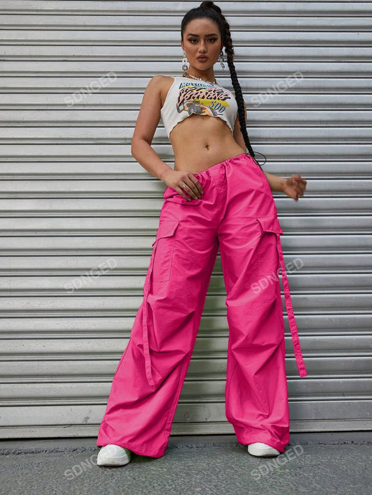 سروال المظلة موحدة اللون جيب قلاب رباط خصر