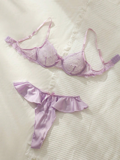 طقم ملابس داخلية دانتيل زهري حلقة معدني