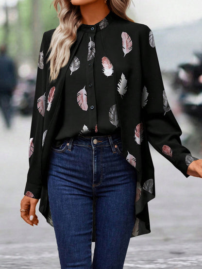 قميص طباعة الريش حافة منخفضة وعالي