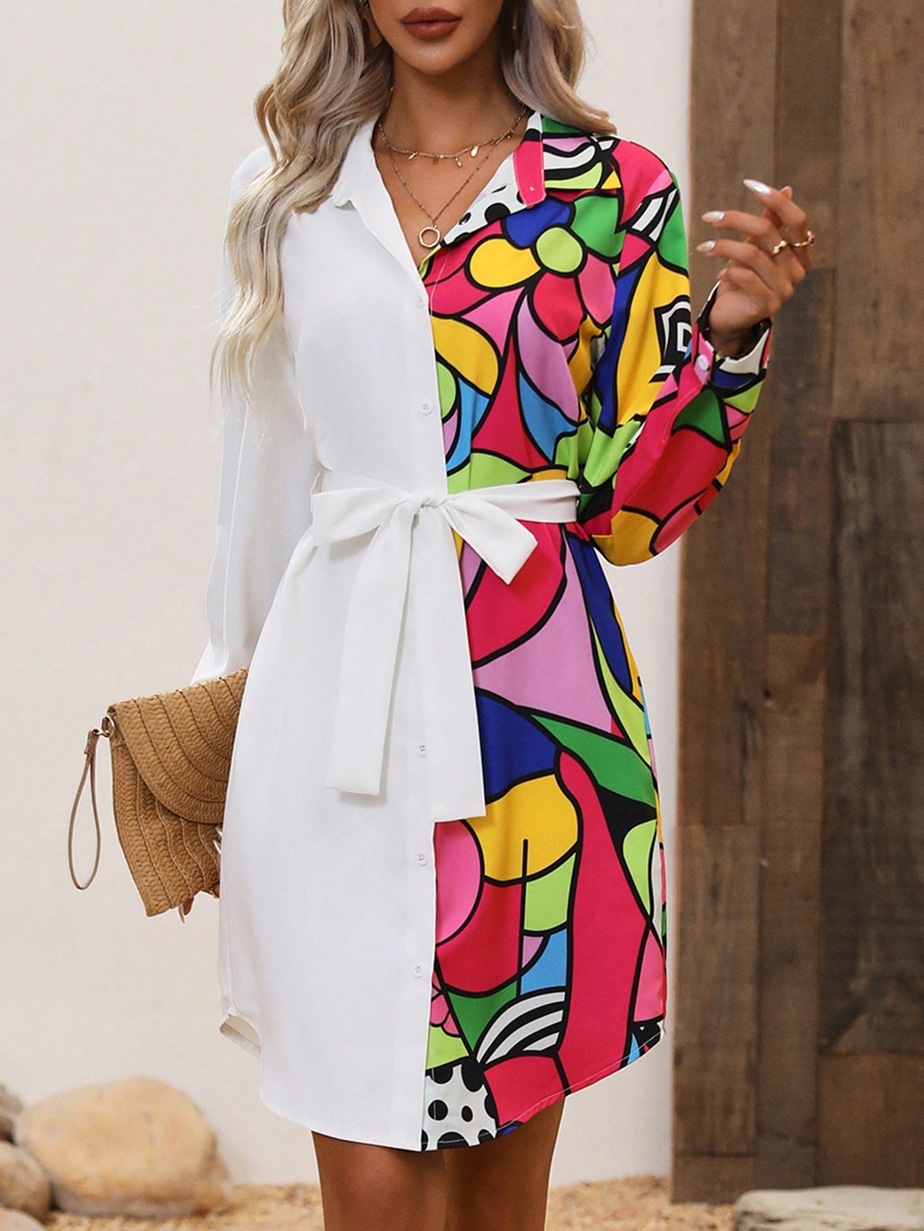 فستان قميص طباعة الأزهار بدون حزام