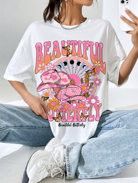 تي شيرت نسائي برقبة دائرية وأكمام قصيرة وطبعة فراشة وحرف عاري المظهر للإرتداء اليومي في الربيع/الصيف