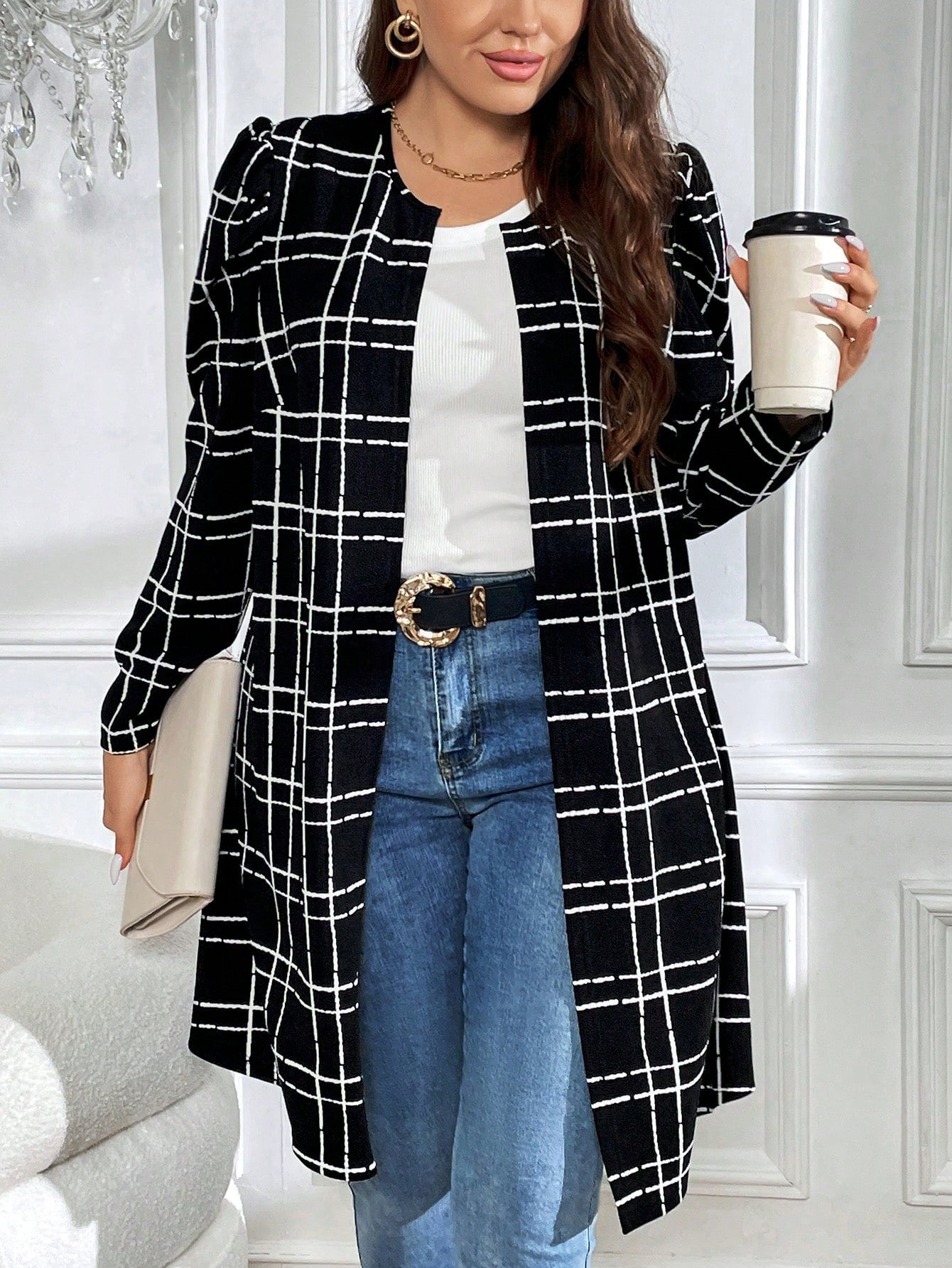 معطف طباعة مربع النقش مفتوح امامي مقاس كبير