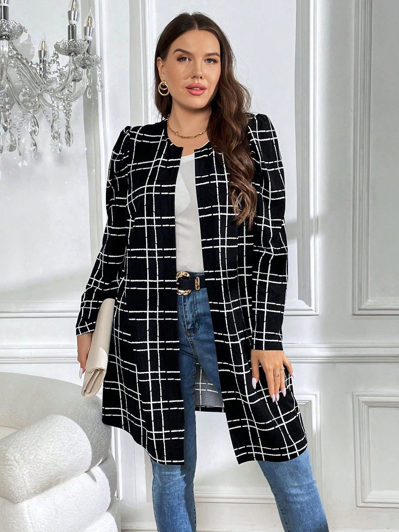 معطف طباعة مربع النقش مفتوح امامي مقاس كبير