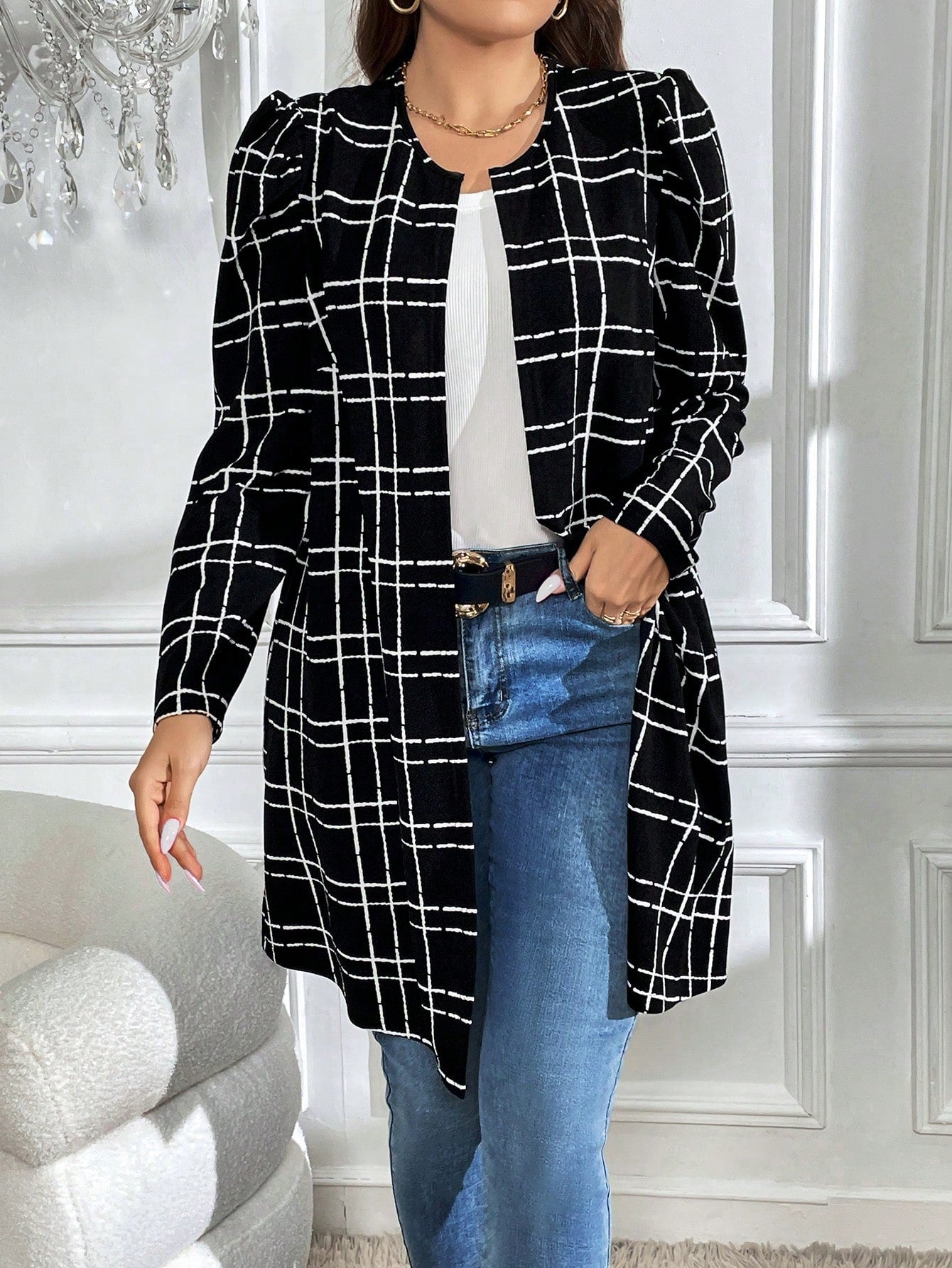 معطف طباعة مربع النقش مفتوح امامي مقاس كبير