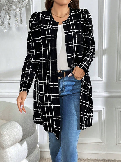 معطف طباعة مربع النقش مفتوح امامي مقاس كبير