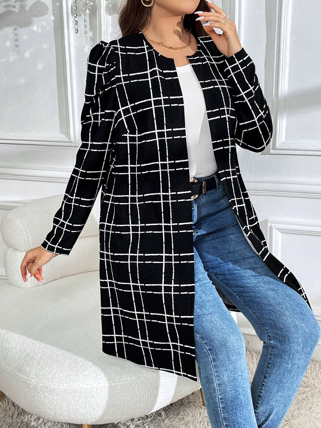 معطف طباعة مربع النقش مفتوح امامي مقاس كبير