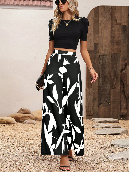 اكمام منتفخة تي شيرت قصير & بطباعة نباتات بنطلون بساق واسع