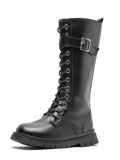 جزمة برقبة طويلة أطفال قطع عالية مع بديكور مشبك و امامي ربط الحذاء الى ولد