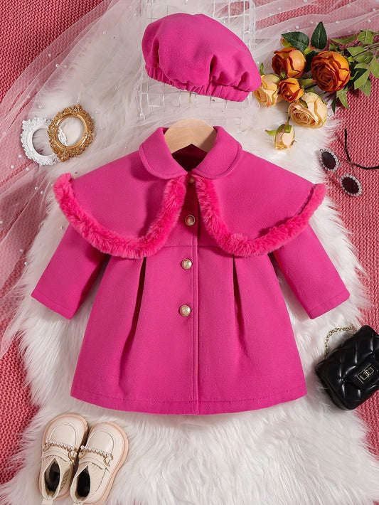 للبنات الاطفال مقلم زغبي تجاعيد مطوية معطف & قبعة