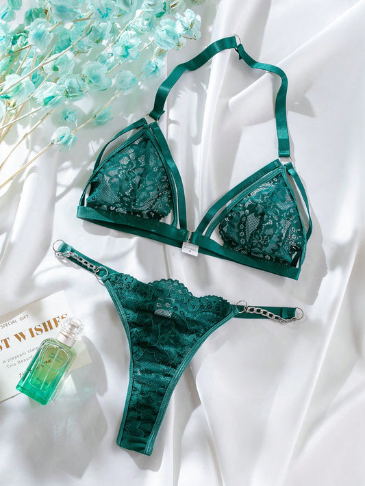 طقم ملابس داخلية دانتيل زهري اجوف