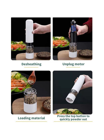 قطعة واحدة من مطحنة الملح والفلفل الكهربائية التي تعمل بالبطارية (البطارية غير متضمنة)، مسند مطحنة مجاني، تشغيل تلقائي بيد واحدة، خشونة قابلة للتعديل، مطحنة توابل أوتوماتيكية مع خشونة قابلة للتعديل، مثالية للطهي المنزلي والشواء، أبيض