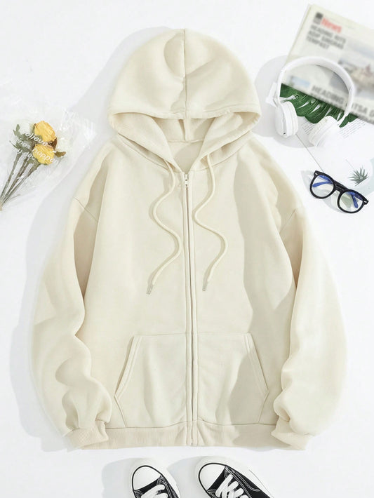 EZwear هودي موحدة اللون سستة رباط مبطن حراري