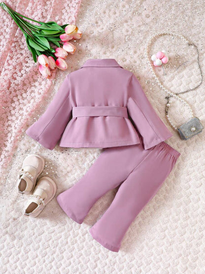 للبنات الاطفال اكمام واسعة بياقة مطوي مسنن جاكيت & فتحة بنطلون بساق واسع