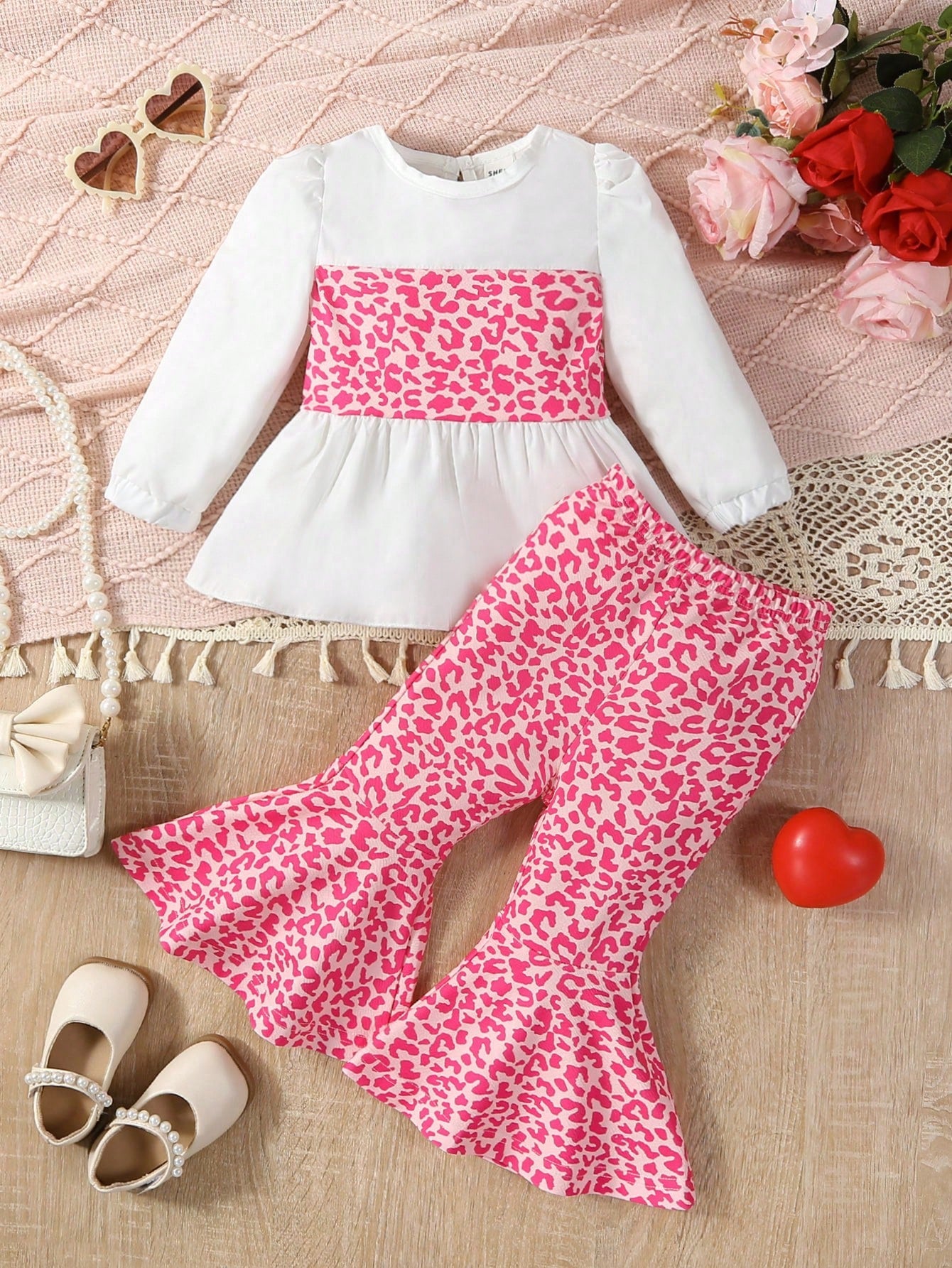 للبنات الاطفال طباعة الفهد لباس علوي مطوي الثنايا & بنطلون بساق واسع