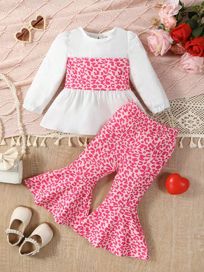 للبنات الاطفال طباعة الفهد لباس علوي مطوي الثنايا & بنطلون بساق واسع