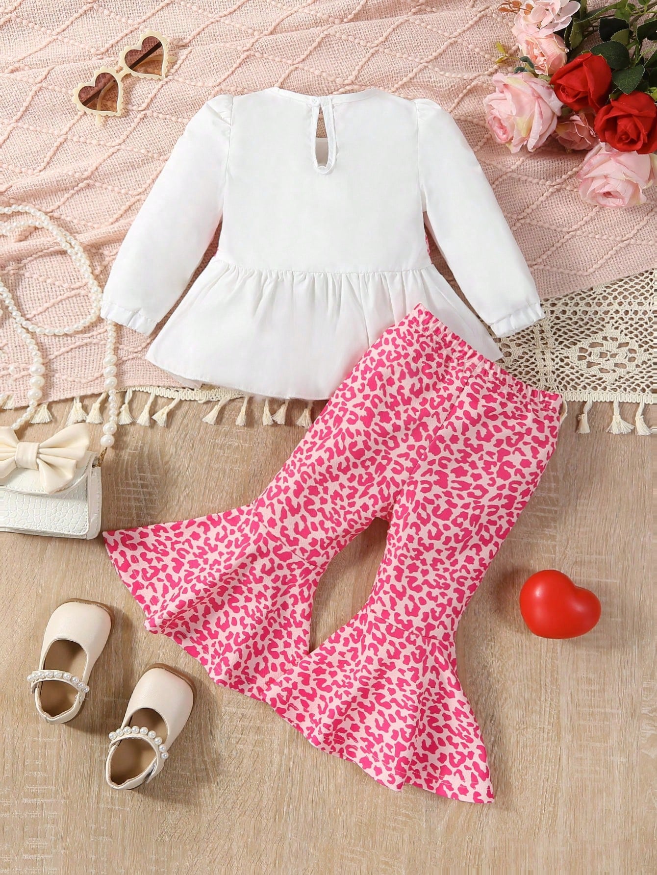 للبنات الاطفال طباعة الفهد لباس علوي مطوي الثنايا & بنطلون بساق واسع