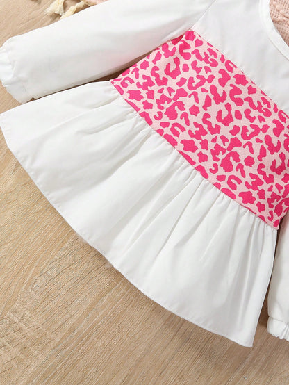 للبنات الاطفال طباعة الفهد لباس علوي مطوي الثنايا & بنطلون بساق واسع