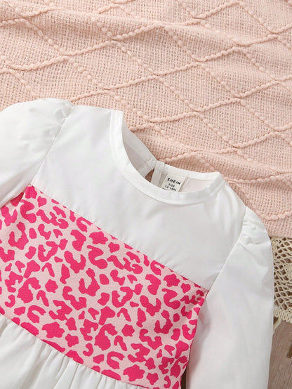 للبنات الاطفال طباعة الفهد لباس علوي مطوي الثنايا & بنطلون بساق واسع