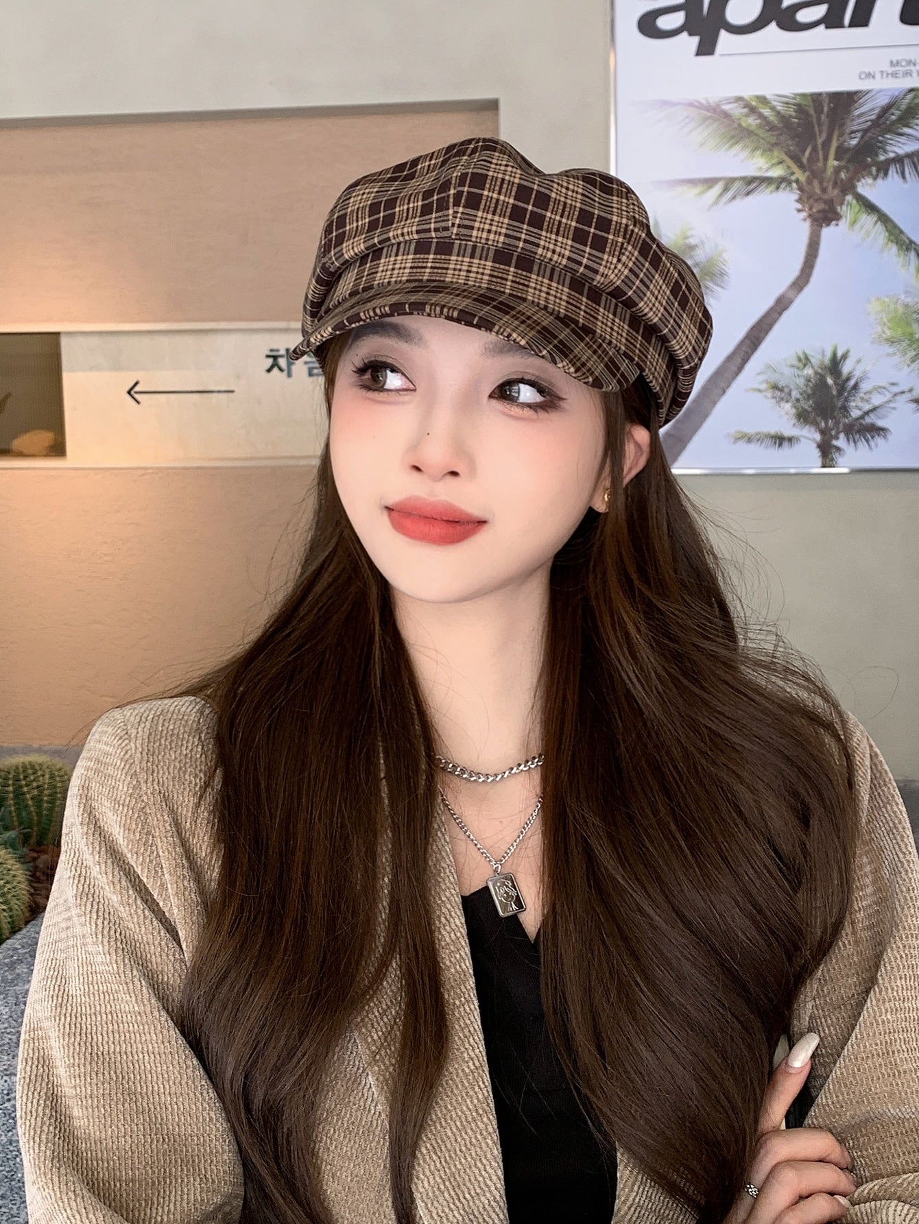 قبعة الباريت الطيفية مربعات النساء لربيع و صيف ، أسلوب متعدد الإستعمالات ، تصميم قبعة ثمانية الأضلاع تحدّد شكل الوجه ، تناسب رؤوس كبيرة ، قبعة رسام 1 قطعة