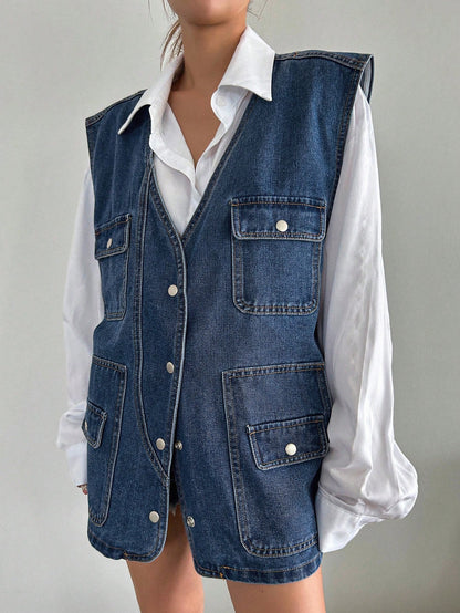 سترة دنيم بجيوب ذات طية بدون قميص