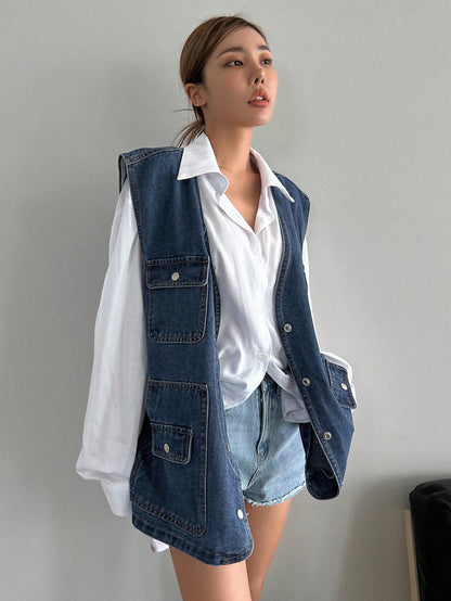 سترة دنيم بجيوب ذات طية بدون قميص