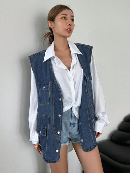 سترة دنيم بجيوب ذات طية بدون قميص