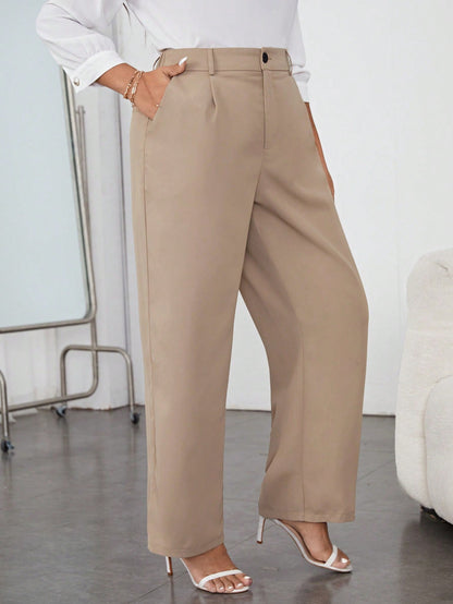 بنطال كاجوال مستقيم الساق بجيوب وحزام خصر بازرار مقاس كبير