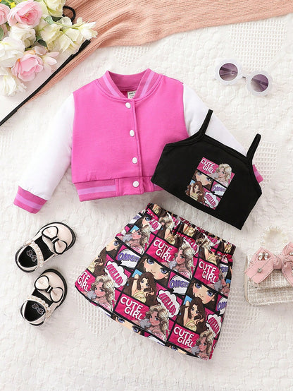 للبنات الاطفال جرافيك شخص صدرية كامي & سترة الكلية & تنورة