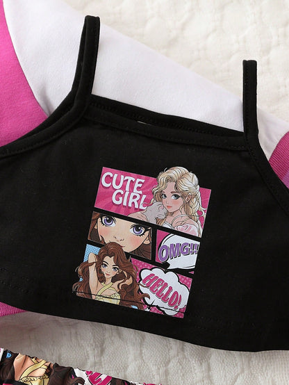 للبنات الاطفال جرافيك شخص صدرية كامي & سترة الكلية & تنورة