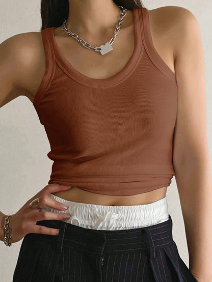 لباس علوي تانك موحدة اللون محبوك مضلع