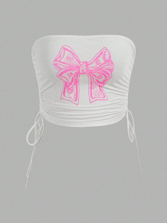 لباس علوي بدون حمالات بطباعة عقدة الفراشة رباط جانبي