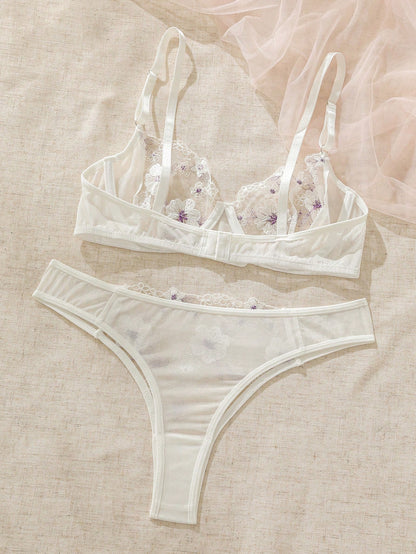 طقم ملابس داخلية مطرز بأزهار شبكة حلقة معدني