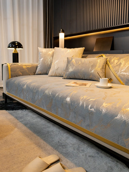 قطعة طقم غطاء أريكة جاكار بحافة ذهبية