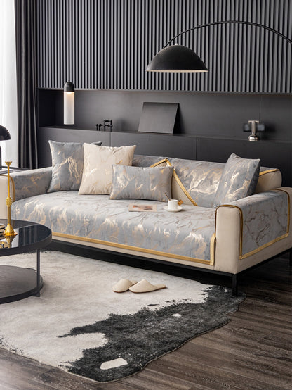 قطعة طقم غطاء أريكة جاكار بحافة ذهبية