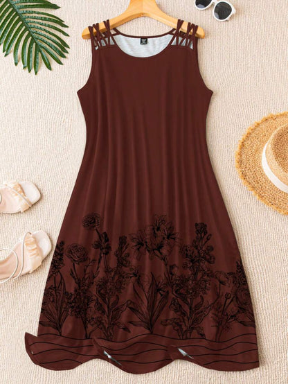 فستان تانك طباعة الأزهار قص مجوف مقاس كبير