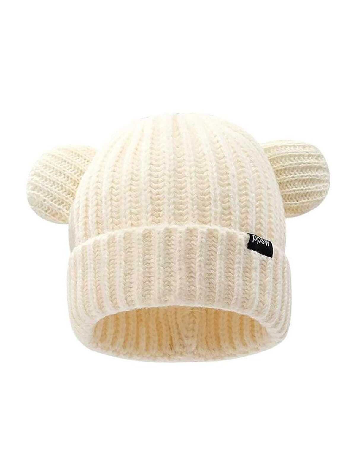 قبعة محبوكة بلون واحد سميكة مزودة بتوشيحة مدبلجة بشكل آذان الدب