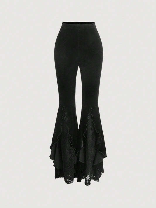 سراويل نيولون فيلفيت بيج واسعة وكاحل مرفوعة مع تريم دانتيل رومانسي باللون الأسود ليلة رومانسية