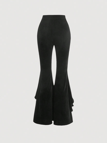 سراويل نيولون فيلفيت بيج واسعة وكاحل مرفوعة مع تريم دانتيل رومانسي باللون الأسود ليلة رومانسية