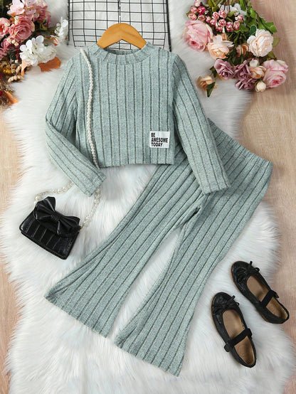 بنت طفل تفاصيل مرقع بعبارة وقوف الياقة تي شيرت & بنطلون بساق واسع